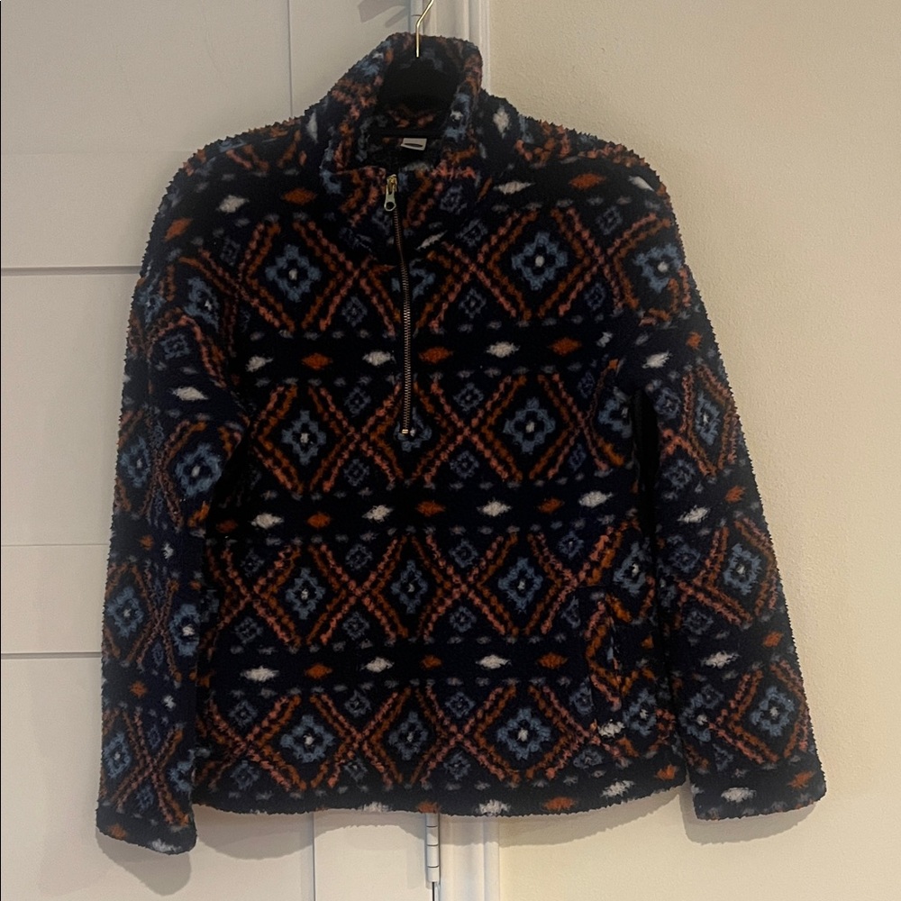 Old Navy Blue and Orange Geometric Patterned Fleece Pullover Size Medium EUC